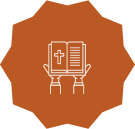 Dodecahedron with open Bible with cross and two hands - solid orange